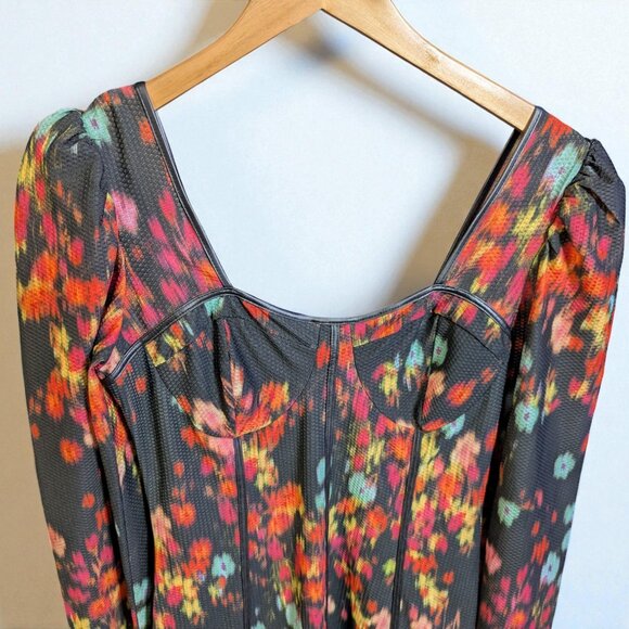 Guess Blurred Floral Long Puff Sleeve Sweatheart Bustier Mini Dress, Size Medium - Picture 5 of 5